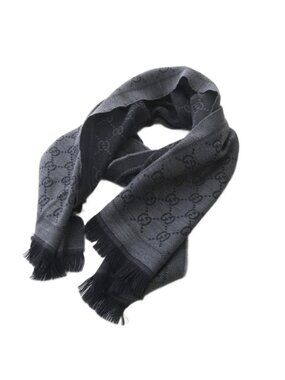 Gucci GG Wool Scarf Shawl Fringe Gray